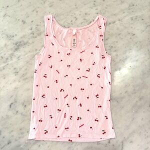 SKIMS Cotton Rib Tank Top Pink Cherry Print Logo Scoop Neck XS